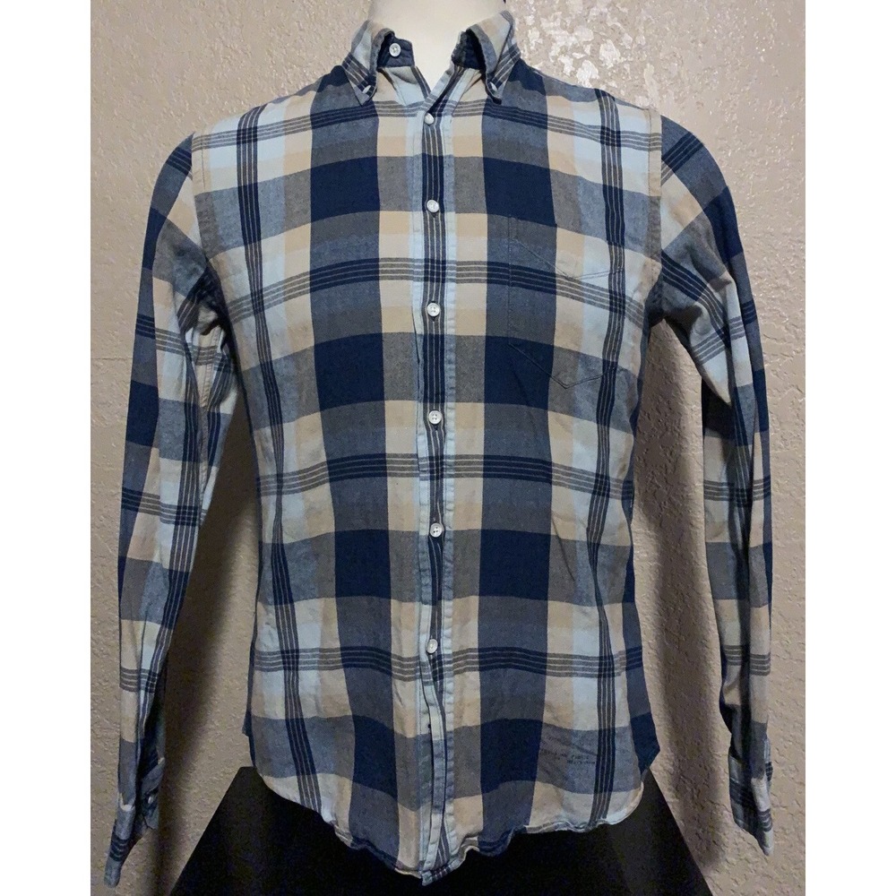 Gant Rugger The Hugger Men's Medium Blue Plaid Indigo Oxford Long Sleeve Shirt M